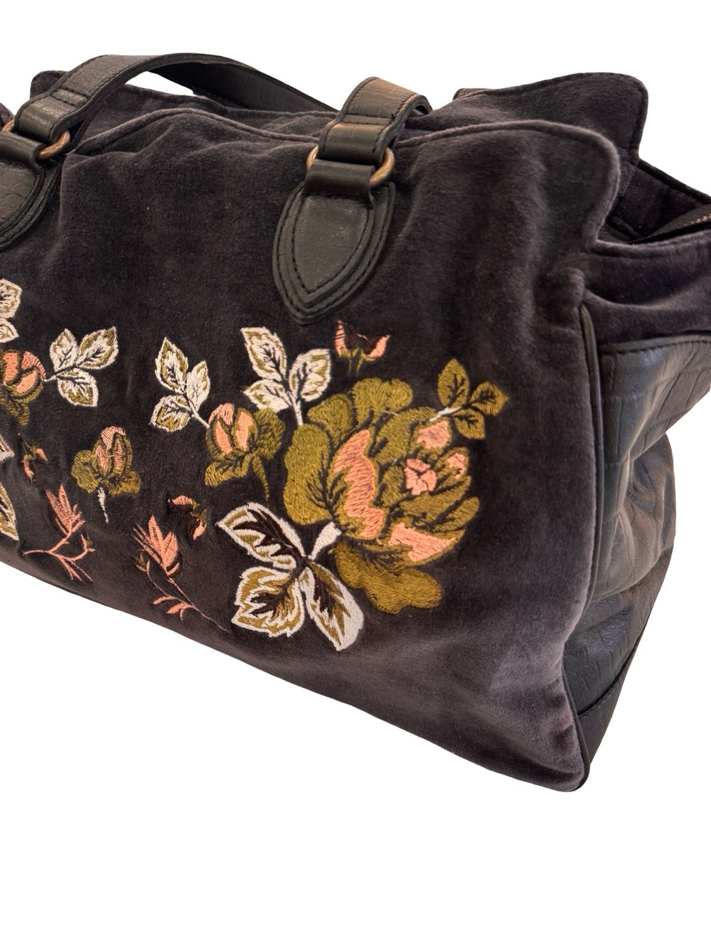 Free People Black Tote/ weekender bag with Pink and Gold Floral Embroidery - Picture 9 of 16